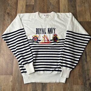 Vintage Parker Of Vienna Embroidered Sweater Women's Medium White‎ Striped Navy